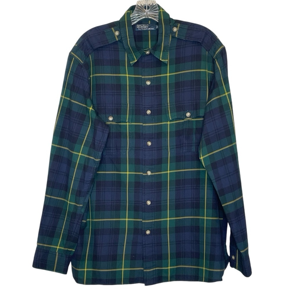 Polo By Ralph Lauren Button Down Green Tartan Plaid Epaulets Patch Elbow Shirt L